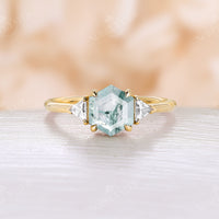 Hexagon Moss Agate Three Stones Engagement Ring Rose Gold