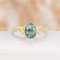 Moss Agate Celtic Oval Cut Pave Engagement Ring Rose Gold