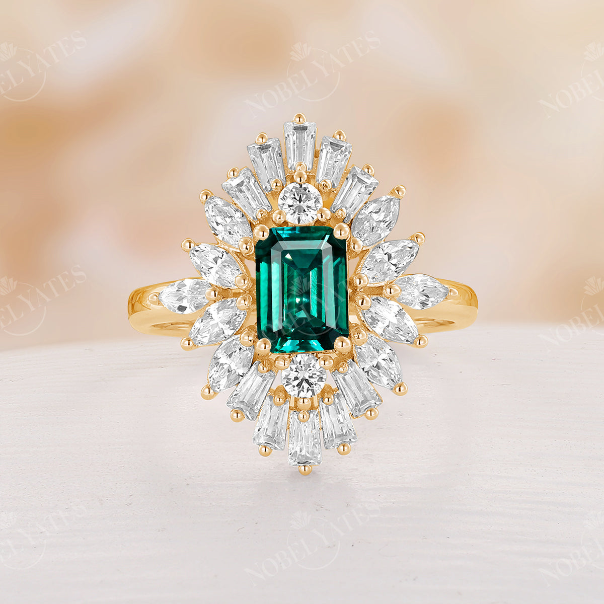 Art Deco Lab Emerald Engagement Ring Baguette Halo Rose Gold