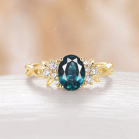 Nature Inspired Teal Sapphire Twist Rose Gold Engagement Ring Moissanite Cluster