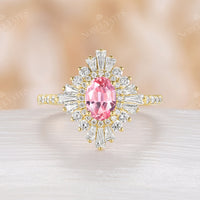 Pink Lab Grown Padparadscha Art Deco Engagement Ring Baguette Halo