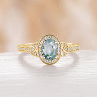 Oval Lab Emerald Moissanite Halo Engagement Ring Celtic Rose Gold