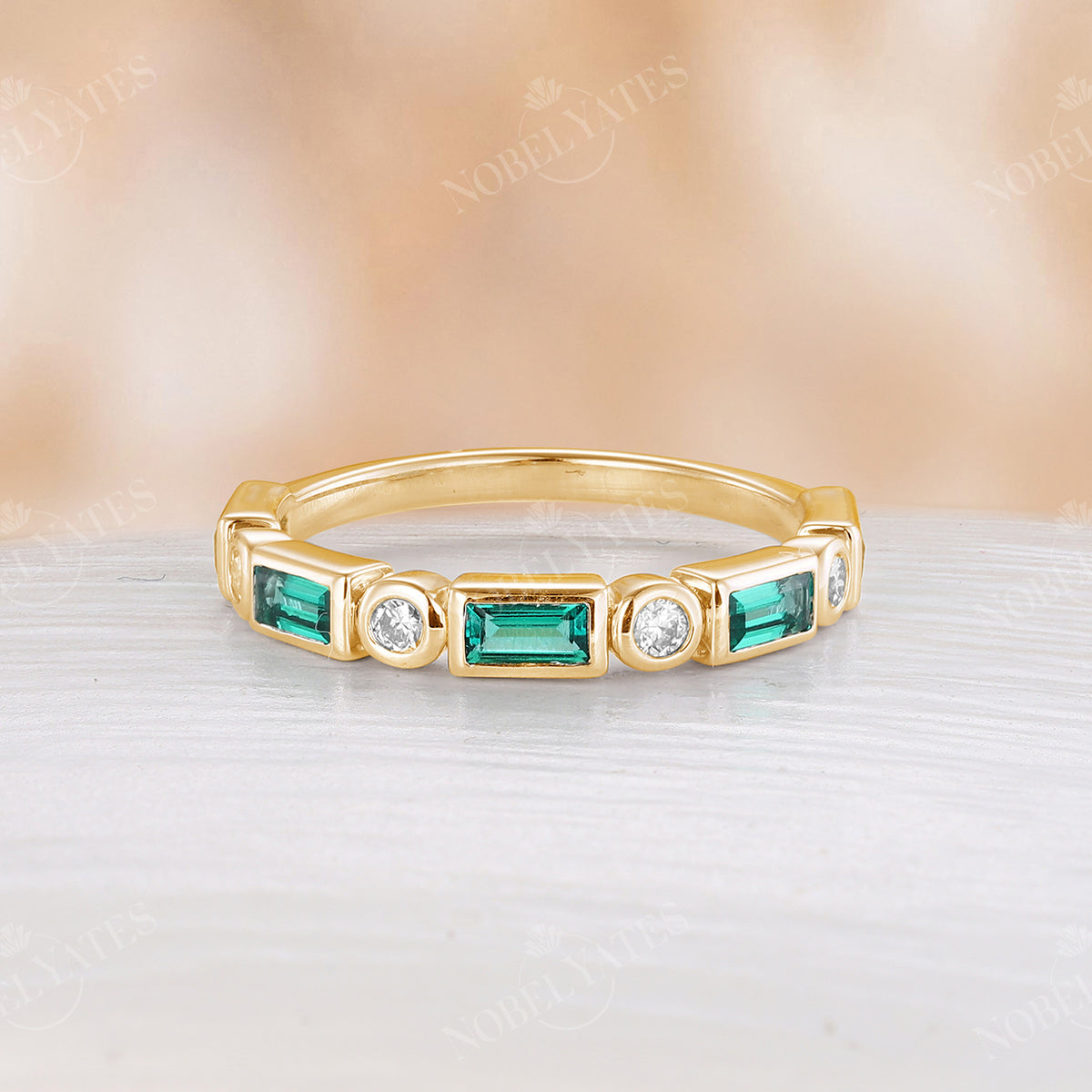 Bezel Set Lab Emerald Moissanite Straight Wedding Band Yellow Gold