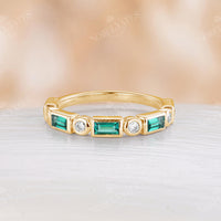 Bezel Set Lab Emerald Moissanite Straight Wedding Band Yellow Gold