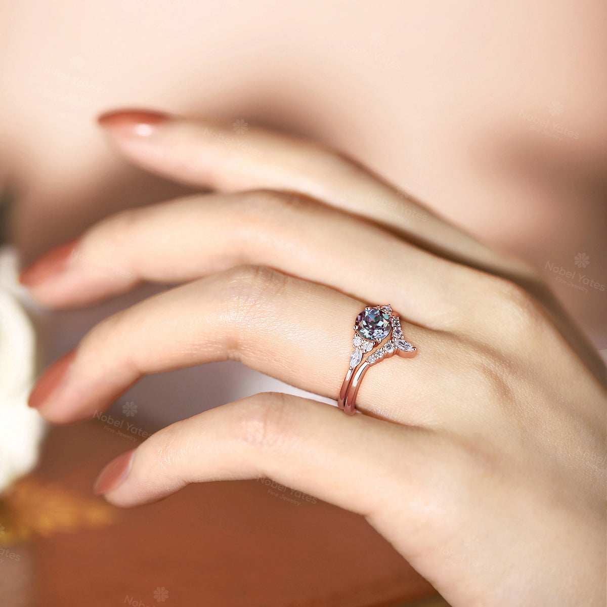 Round Moss Agate Engagement Ring Set Rose Gold Cluster Moissanite Ring