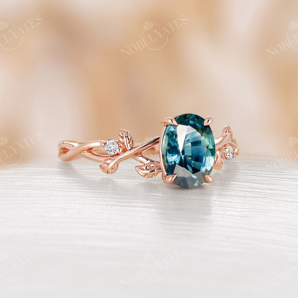 Oval Blue Green Sapphire Leaf Desgn Engagement Ring Rose Gold