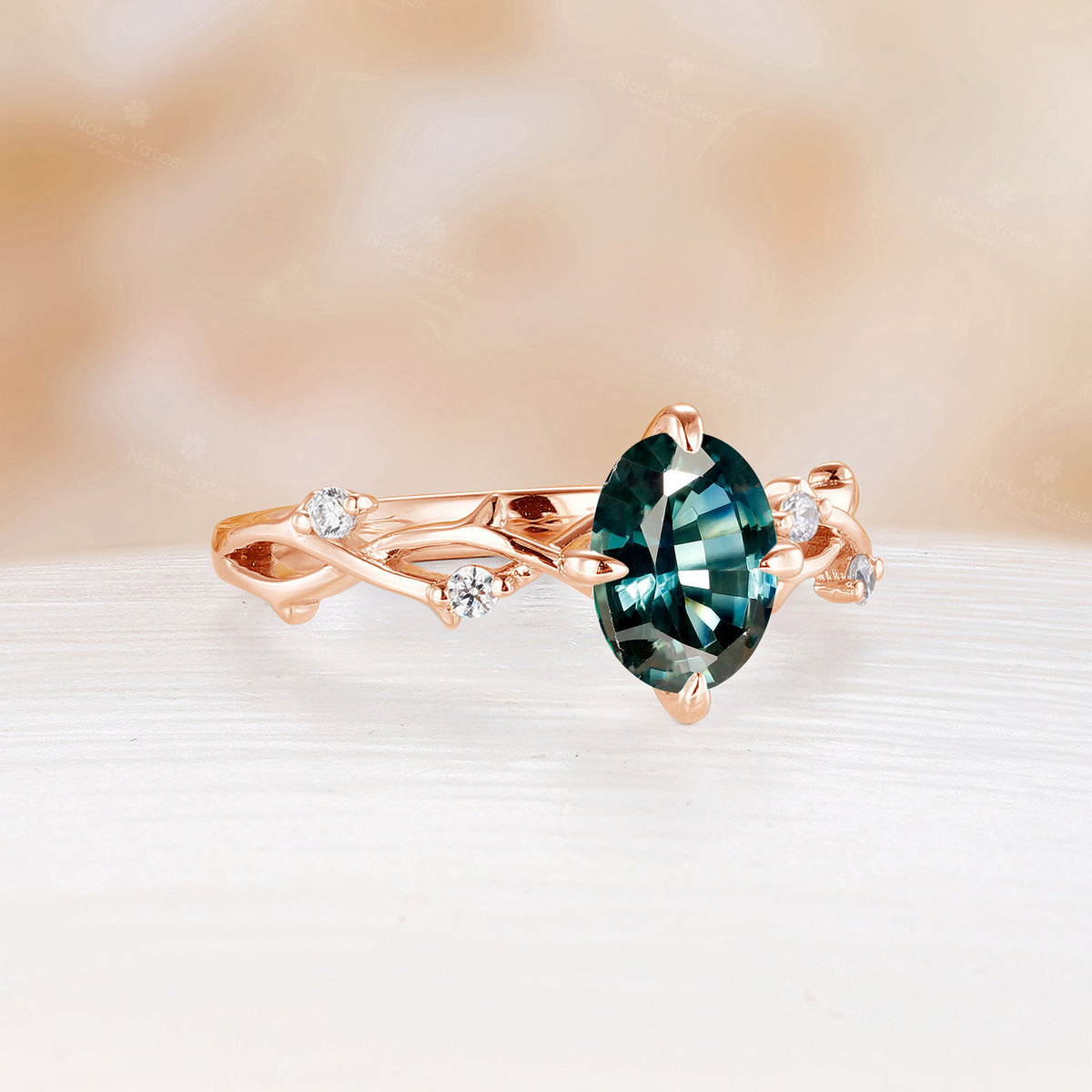 Nature Inspired Branch Oval Teal Sapphire Engagement Ring Yellow Gold Twist