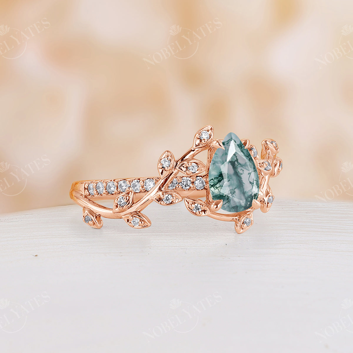 Moss Agate Rose Gold Nature Inspired Leaf&Twig Engagement Ring