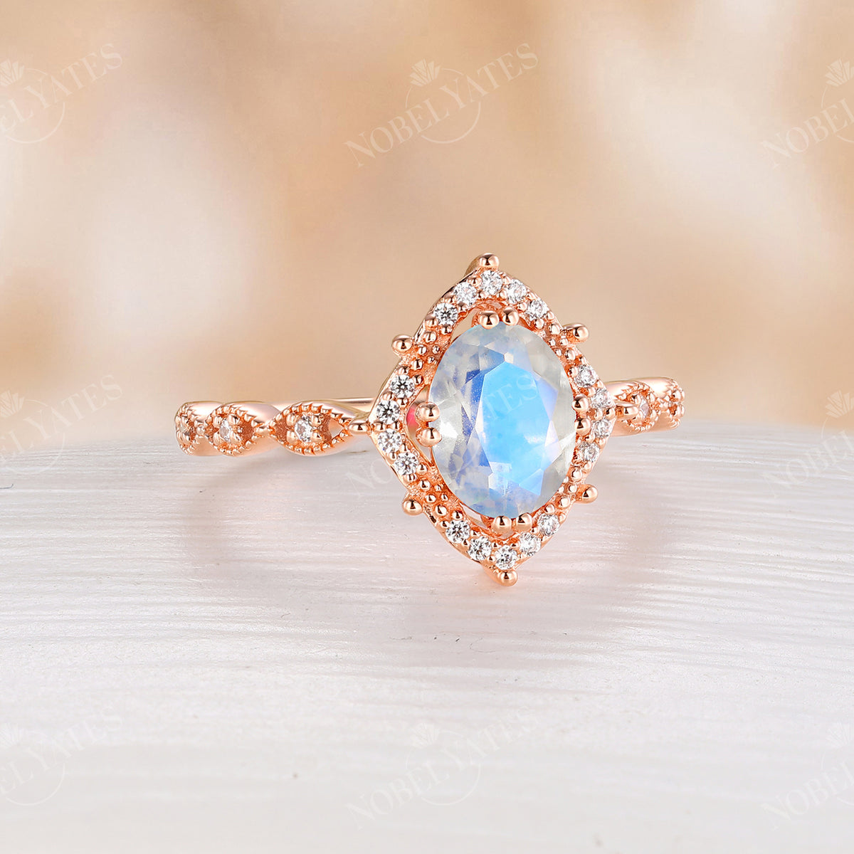 Blue Moonstone Oval Vintage Rose Gold Engagement Ring Halo