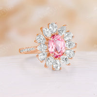 Oval Lab Grown Padparadscha Rose Cut Moissanite Halo Engagement Ring