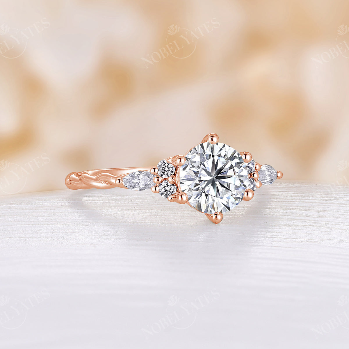 Round Cut Moissanite Cluster Engagement Ring Rose Gold