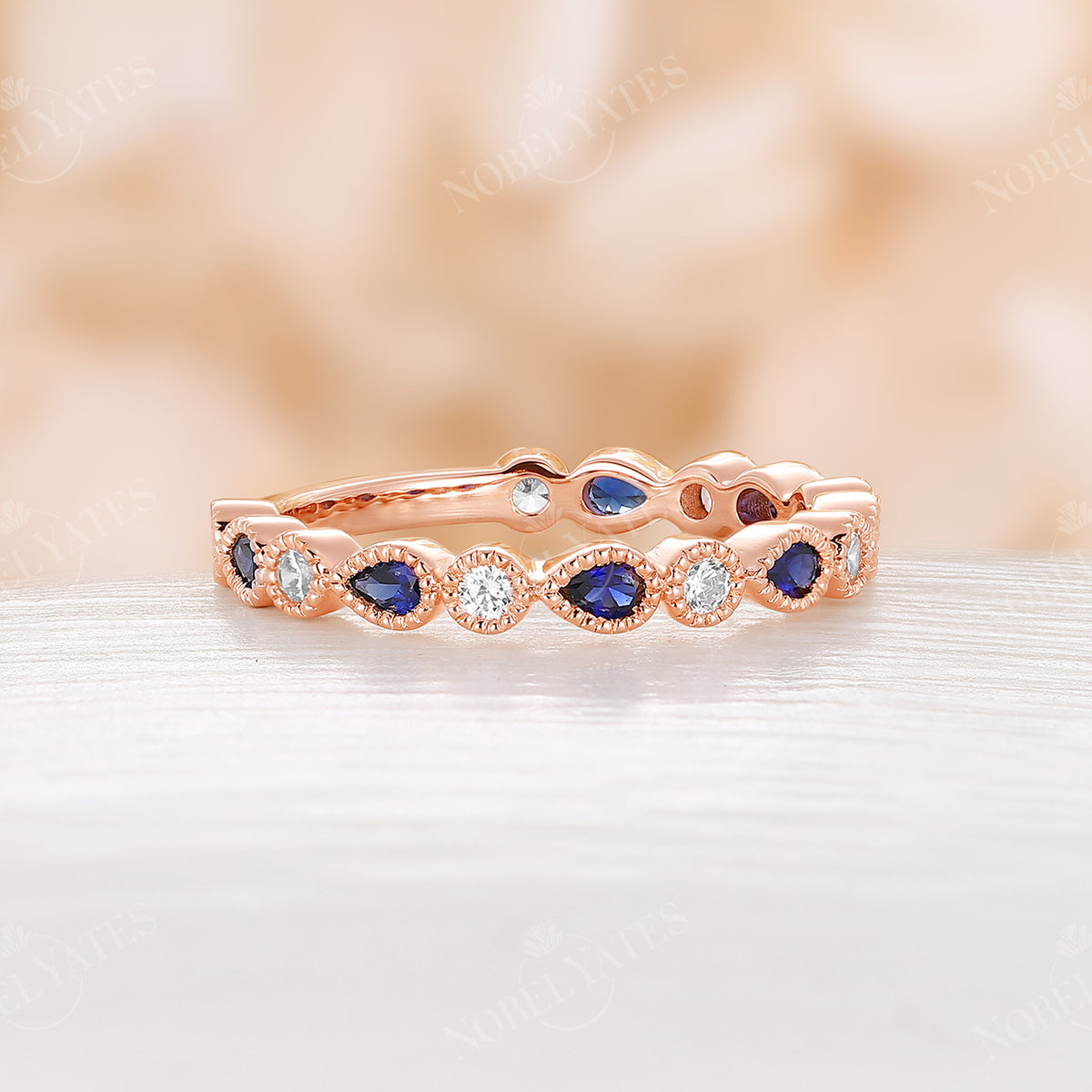 Lab Sapphire Milgrain 3/4 Eternity Vintage Wedding Band