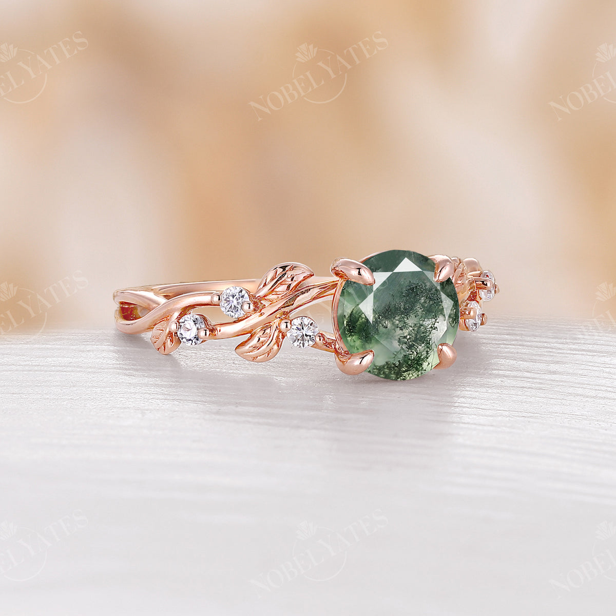 Round Moss Agate Engagement Ring Leaf Design Diamond Rose Gold