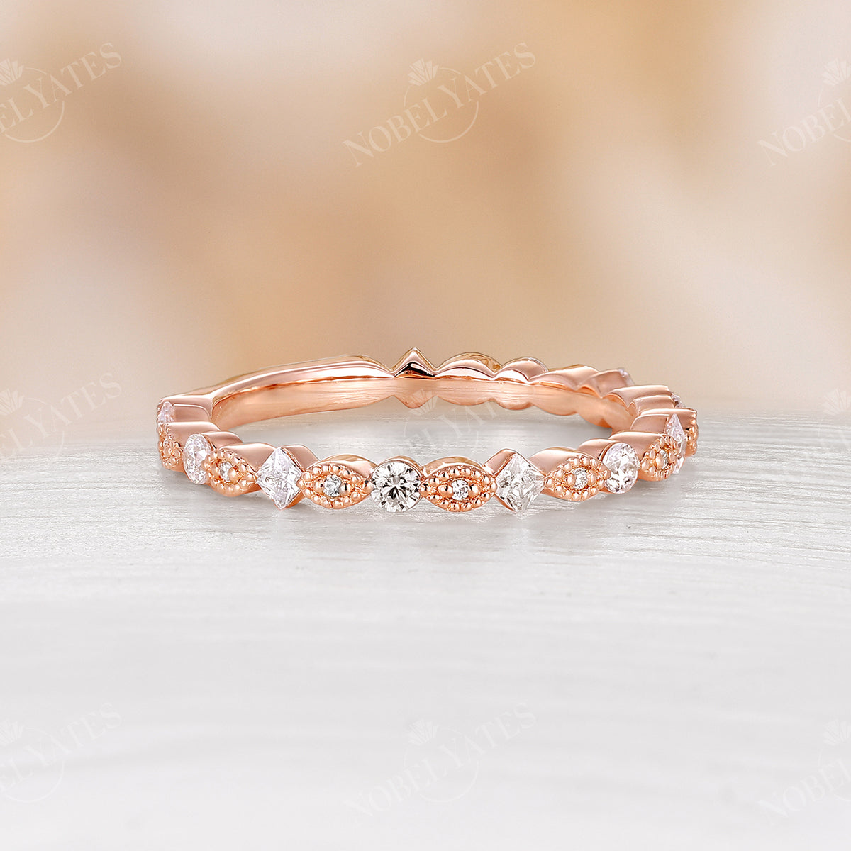 Milgrain Dainty Princess Diamond Wedding Band Half Eternity