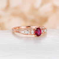 Vintage Oval Lab Ruby Milgrain Engagement Ring Rose Gold