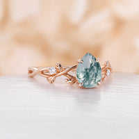 Moss Agate Pear cut Engagement Ring Leaf Design Rose Gold