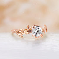 Solitaire Moissanite Engagement Ring Leaf Design Rose Gold