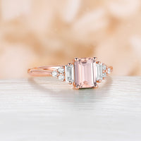 Emerald cut Pink Morganite Cluster Diamond Engagement Ring