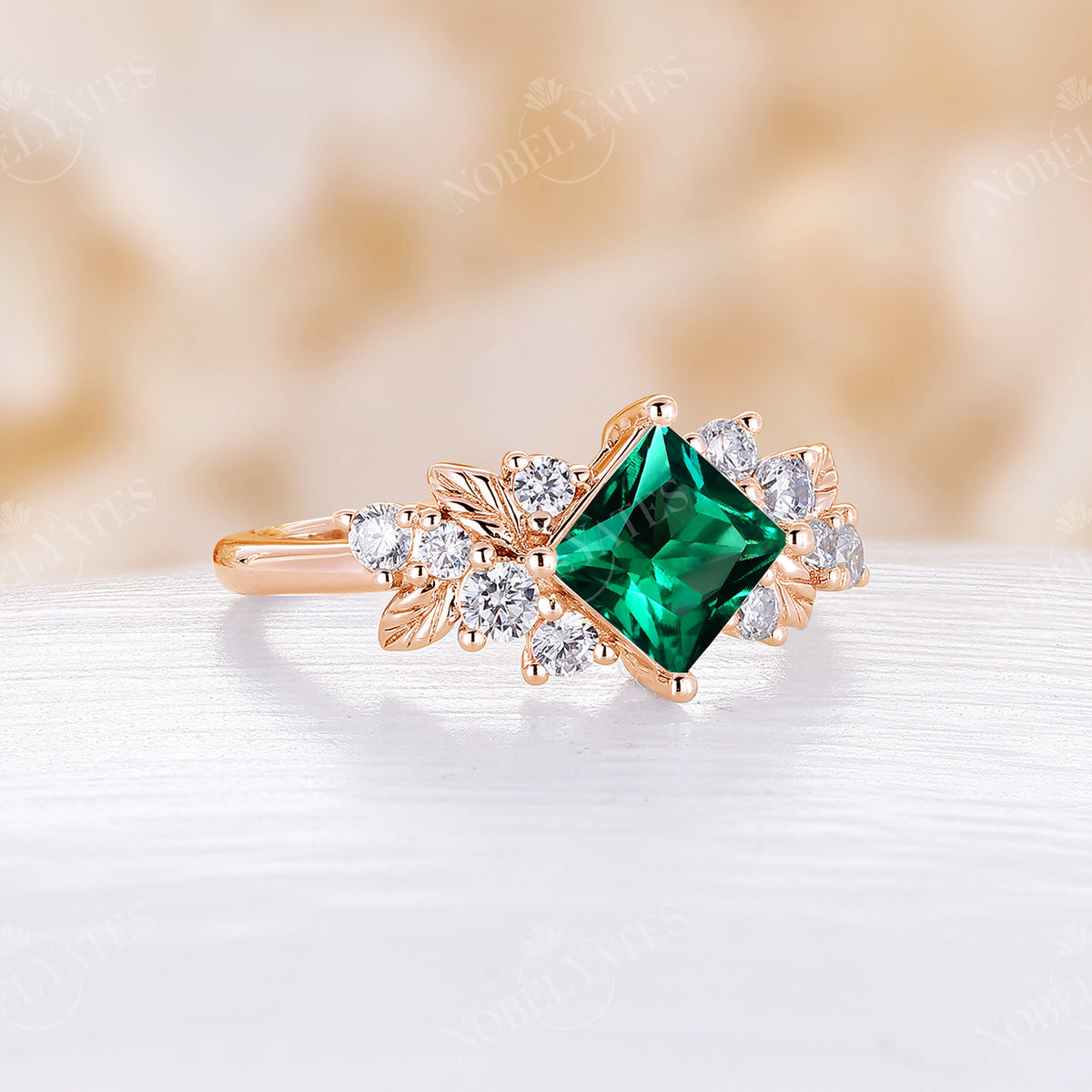 Princess Cut Lab Emerald Nature Cluster Engagement Ring