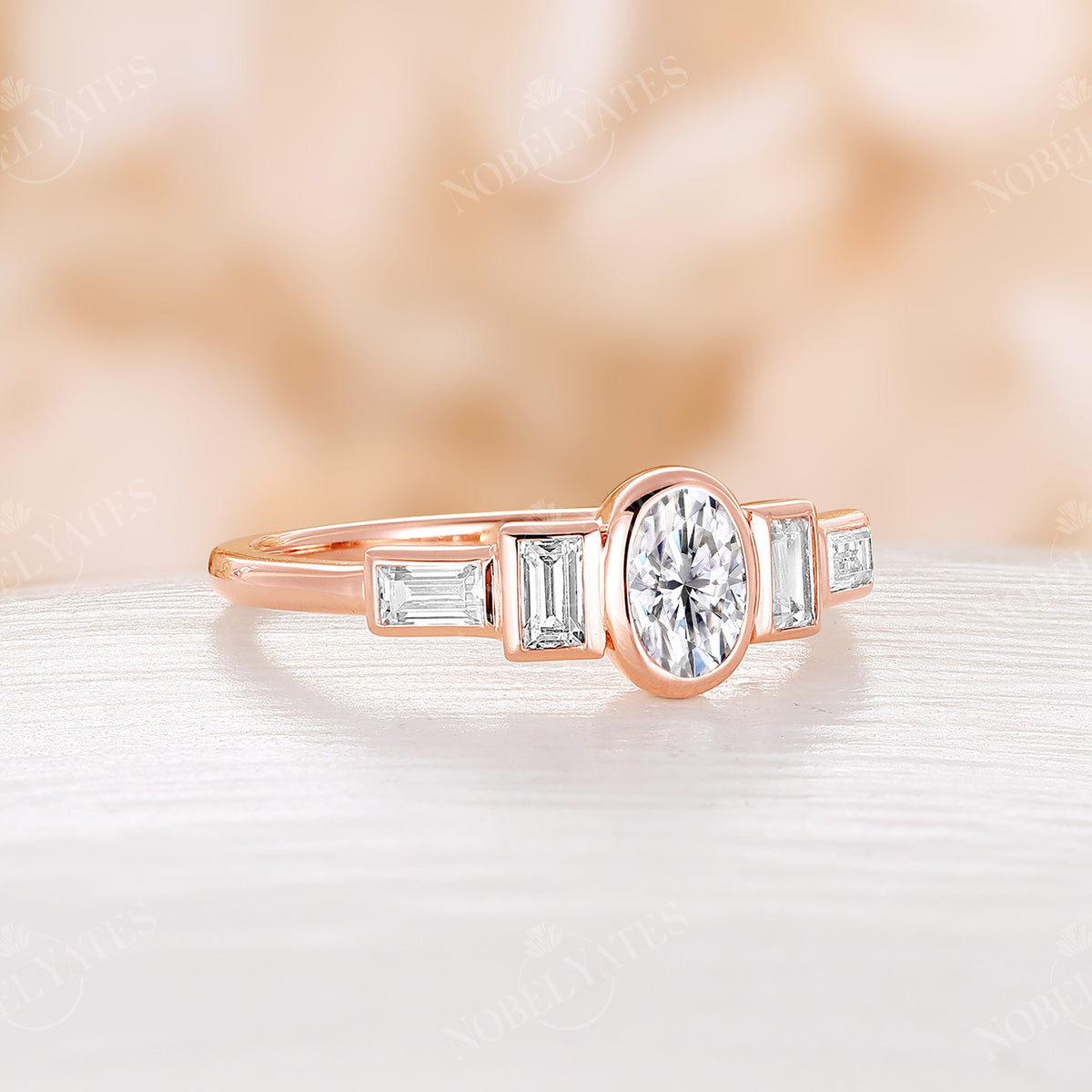 Oval Moissanite Bezel Set Engagement Ring Art Deco Rose Gold