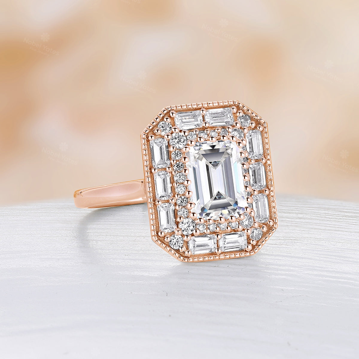 Art Deco Emerald Cut Engagement Baguette Halo Ring