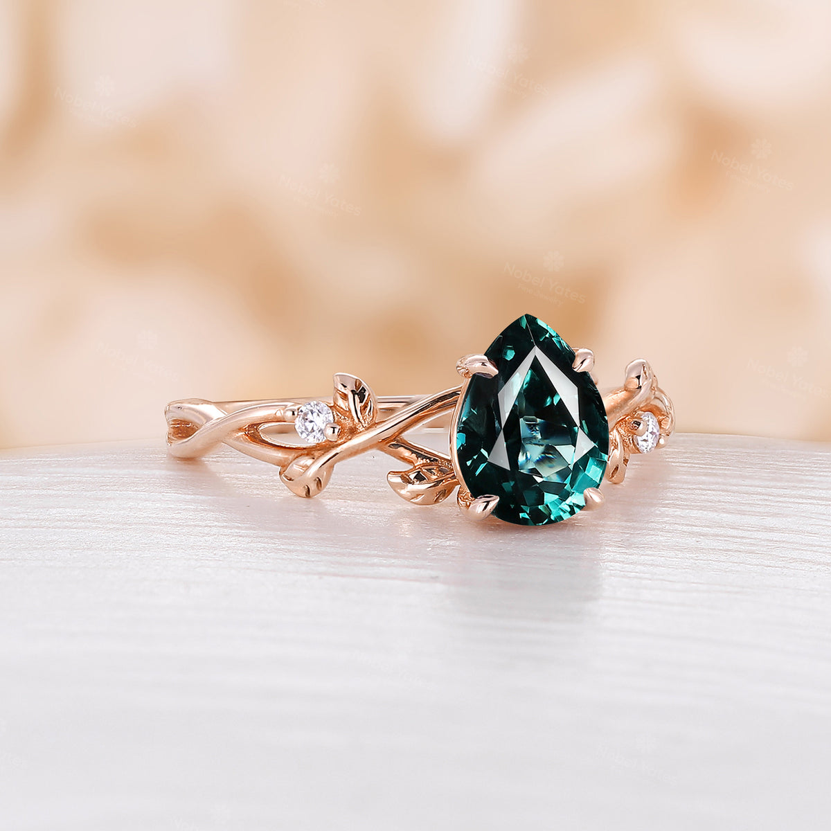 Teal Sapphire Pear cut Engagement Ring Leaf Design Rose Gold