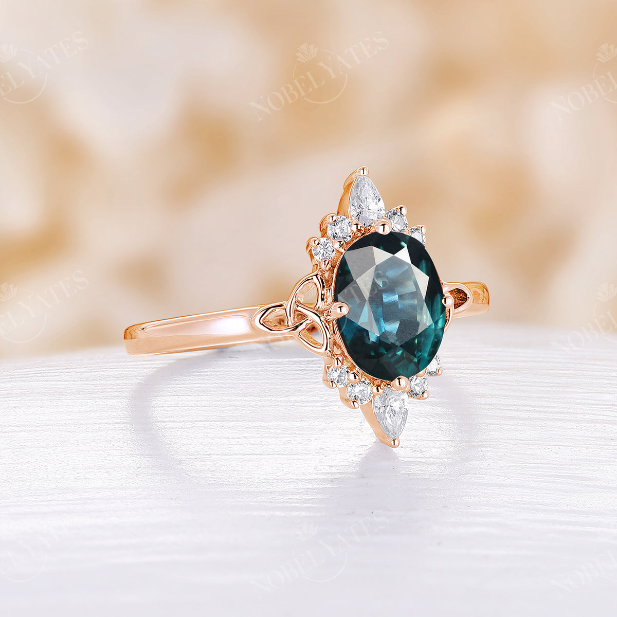 Celtic Oval Cut Teal Sapphire Engagement Ring Rose Gold