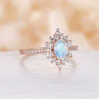 Oval Cut Moonstone Art Deco Rose Gold Cluster Engagement Ring