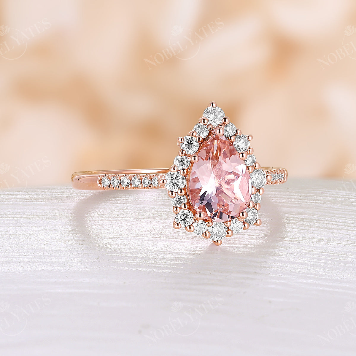 Pear Orange Pink Morganite Vintage Halo Engagement Ring Rose Gold
