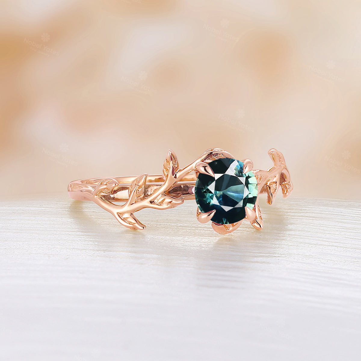 Round Teal Sapphire Engagement Ring Nature Inspired Bypass Solitaire