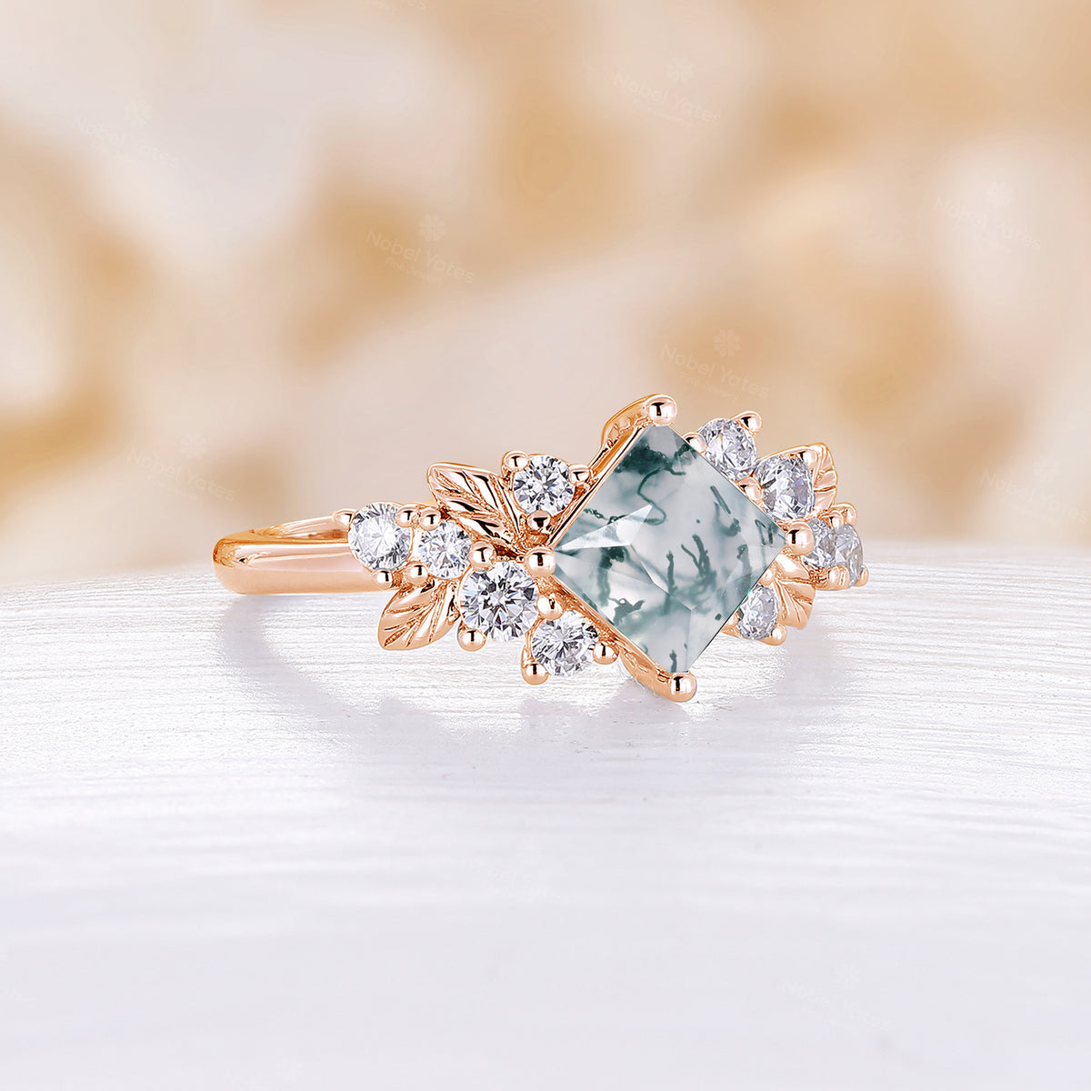 Princess Cut Nature Inspired Moss Agate Cluster Engagement Ring