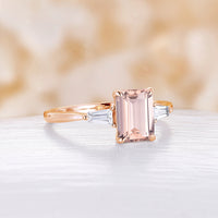 Emerald Cut Pink Morganite Engagement Ring Three Stones Art Deco