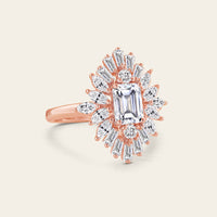 Emerald Cut Moissanite Art Deco Engagement Ring Unique Halo Rose Gold