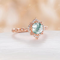Vintage Round Moss Agate Halo Engagement Ring Rose Gold