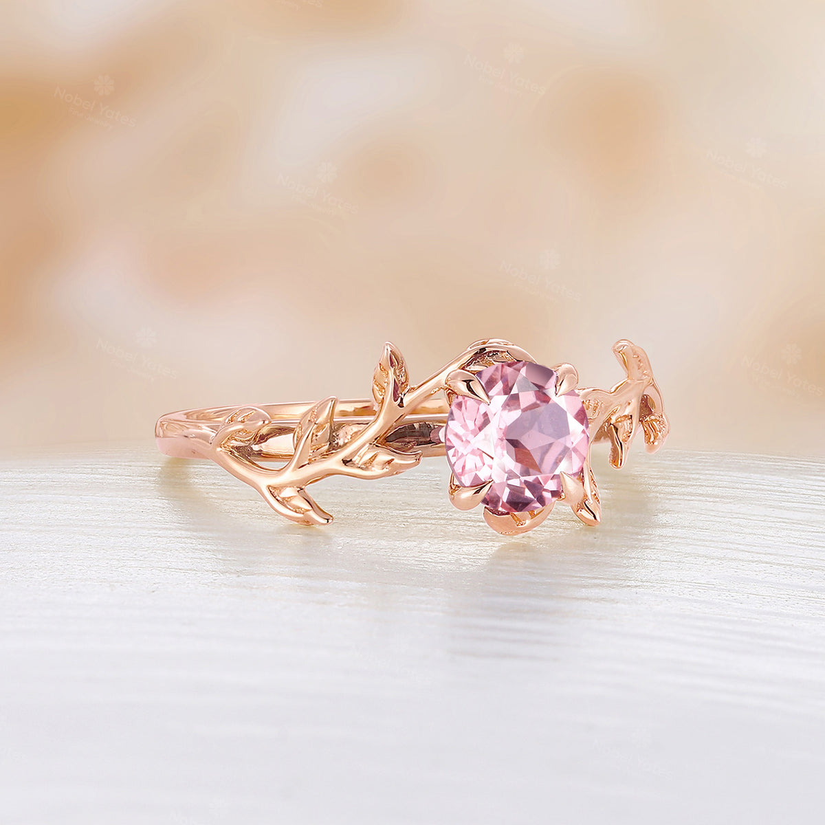 Lab Grown Padparadscha Nature Inspired Solitaire Engagement Ring Rose Gold