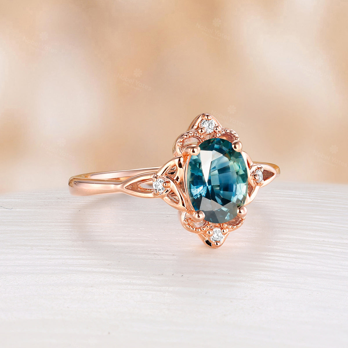 Oval Shape Teal Sapphire Engagement Ring Celtic Knot Rose Gold Band