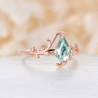 Kite Cut Moss Agate Engagement Ring Leaf Design Yellow Gold