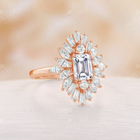 Emerald Cut Moissanite Art Deco Engagement Ring Unique Halo Rose Gold