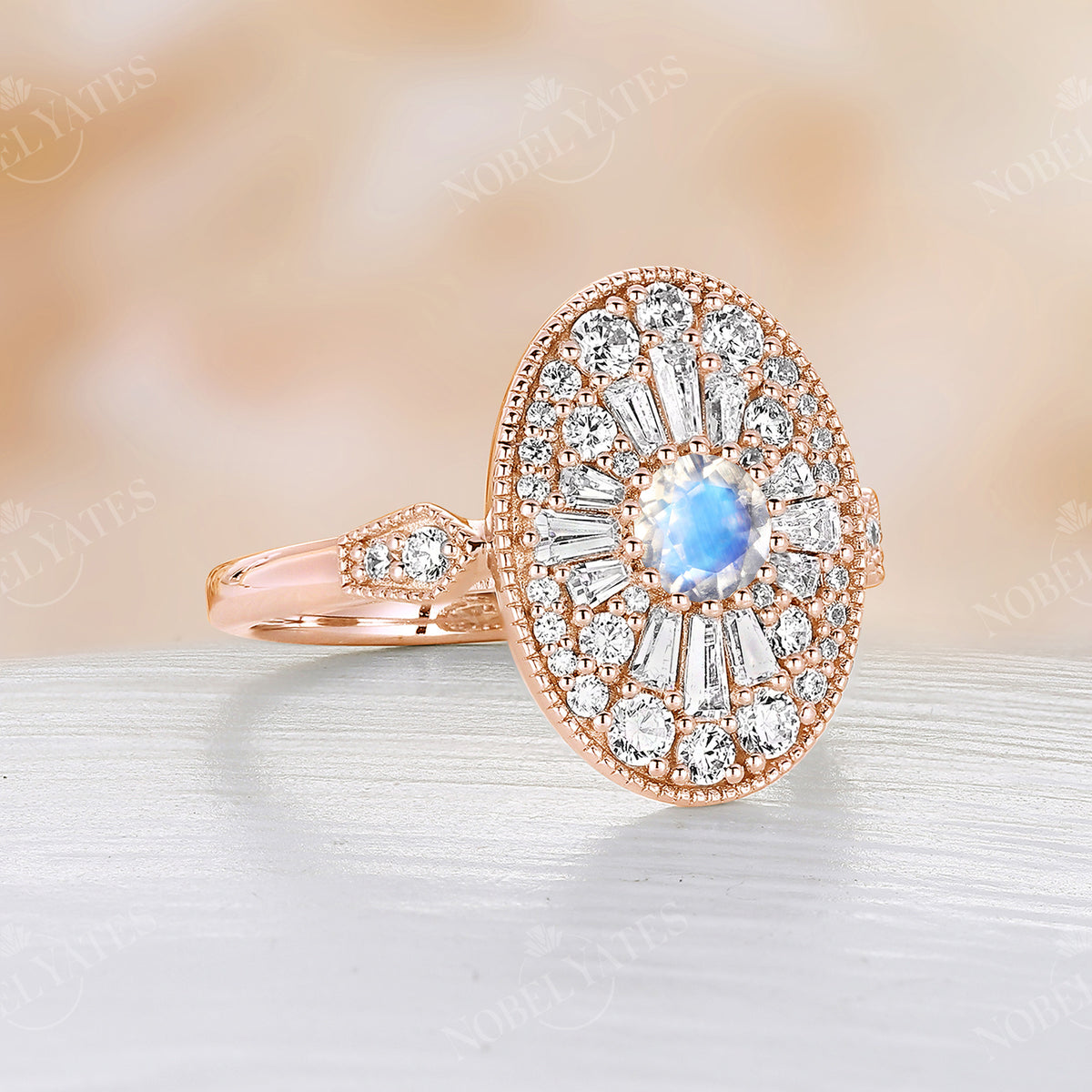 Art Deco Diamond Cluster Oval Moonstone Rose Gold Milgrain Engagement Ring