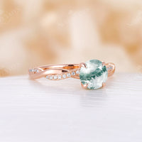 Moss Agate Rose Gold Twist Engagement Ring Round Moissanite Ring
