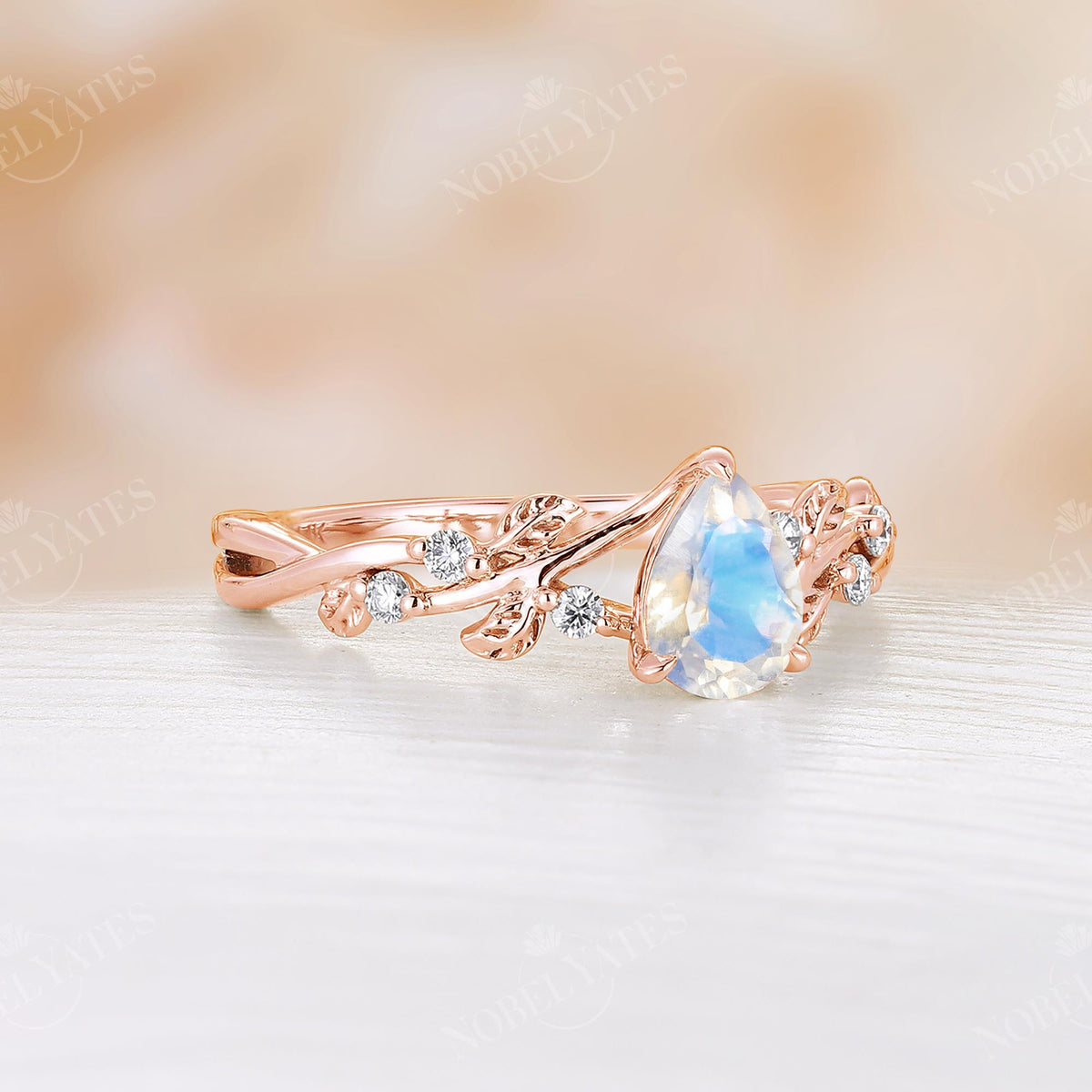 Pear Cut Moonstone Nature Inspired Branch Leaf Engagement Ring Rose Gold