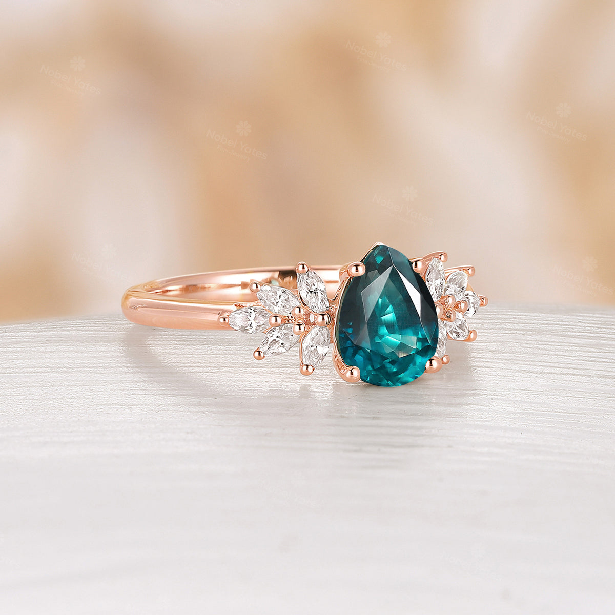 Teal Sapphire & Moissanite Rose Gold Marquise Cluster Engagement Ring