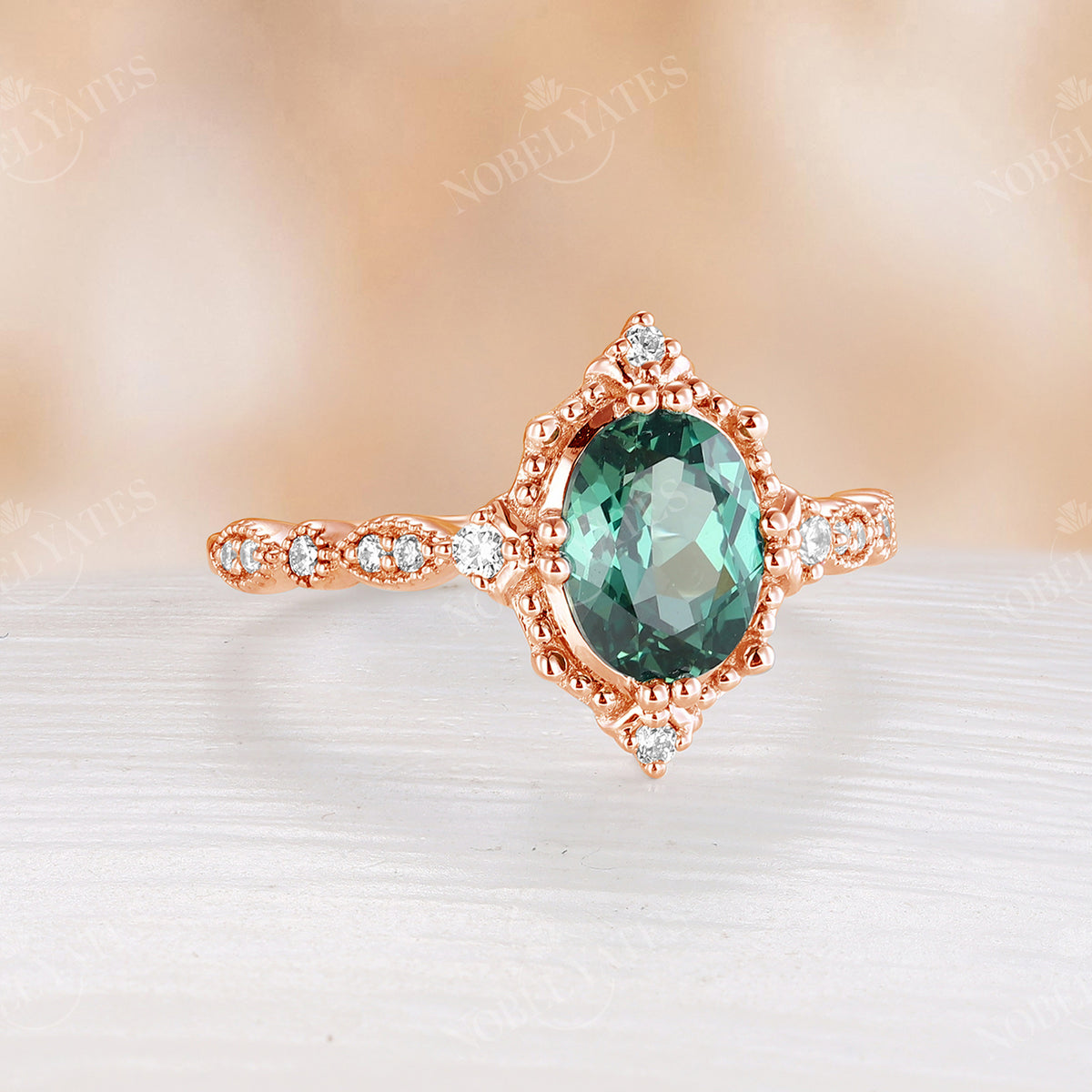 Lab Green Sapphire Oval Cut Milgrain Halo Vintage Engagement Ring