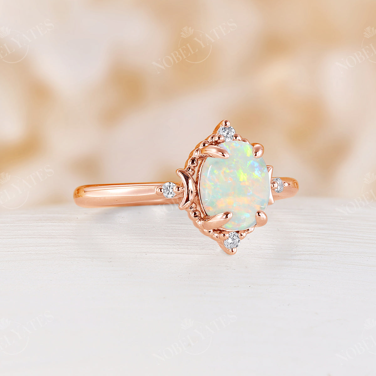 Celestial Oval Natural White Opal Rose Gold Engagement Ring