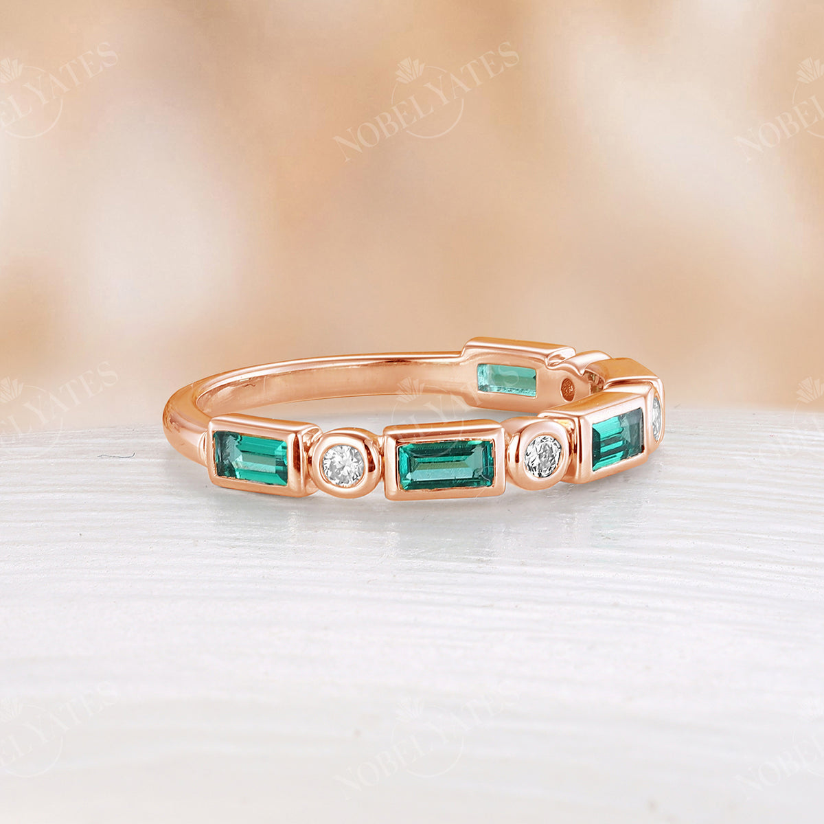 Bezel Set Lab Emerald Moissanite Straight Wedding Band Yellow Gold