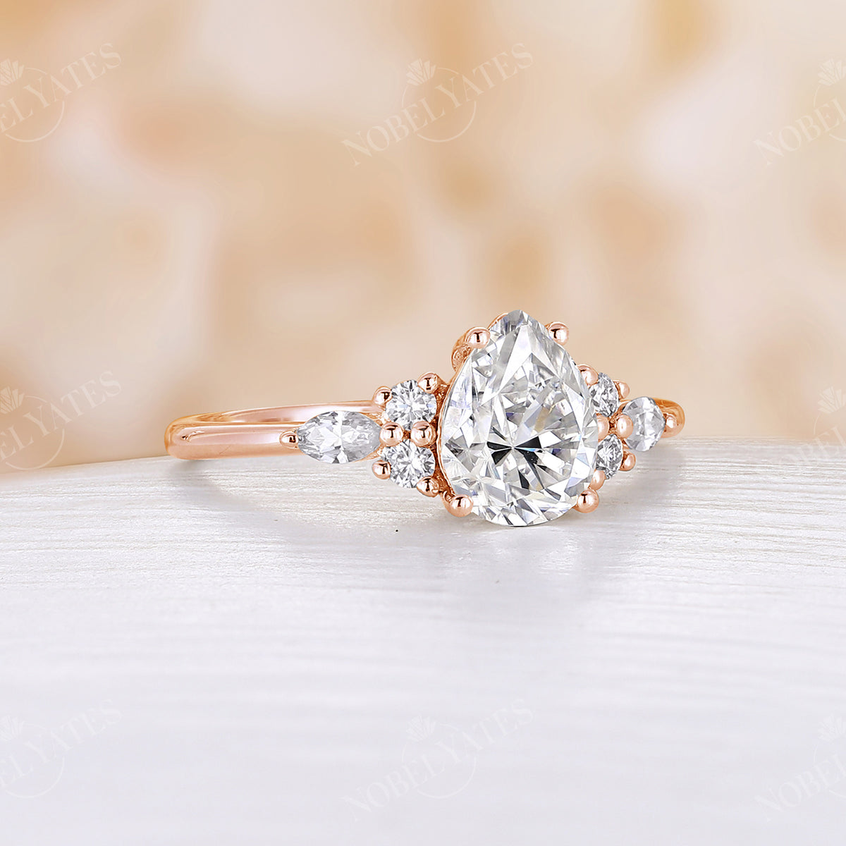 Pear Moissanite Cluster Engagement Ring Rose Gold