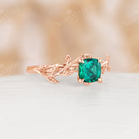 Nature Inspired Cushion Lab Emerald Branch Leaf Engagement Ring Rose Gold
