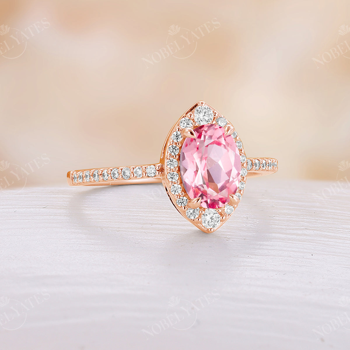 Lab Grown Padparadscha Oval Shape Moissanite Halo Engagement Ring