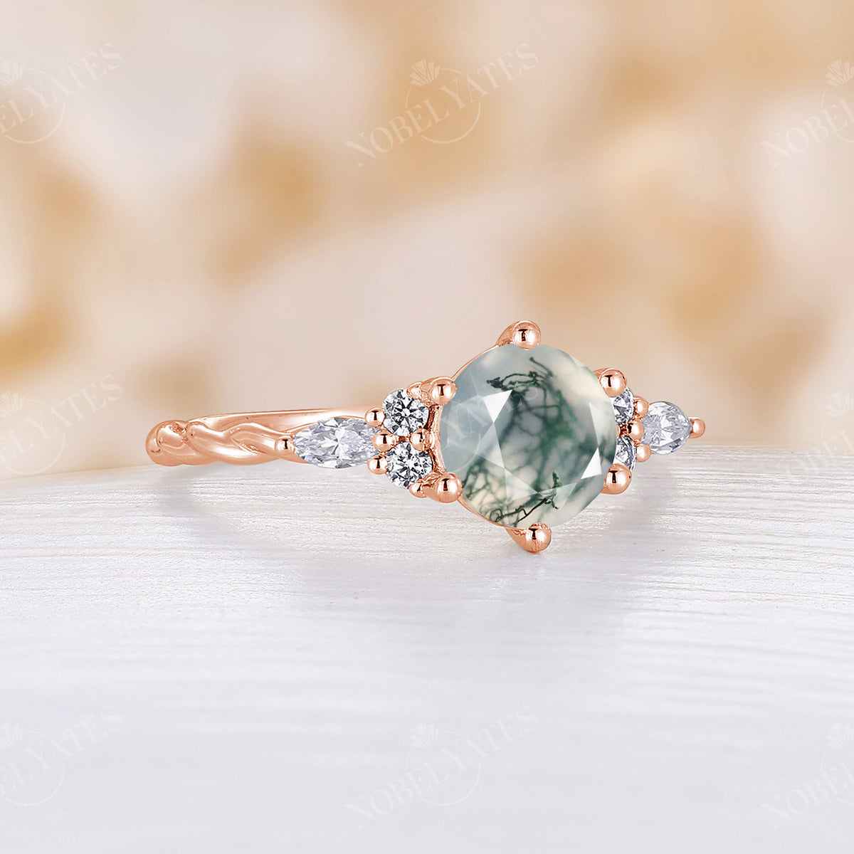 Vintage Round Moss Agate Cluster Engagement Ring Rose Gold