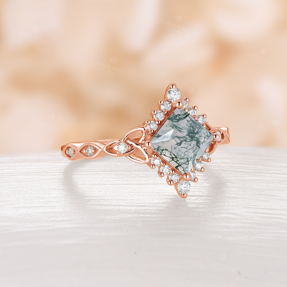 Princess Cut Moss Agate Rose Gold Engagement Ring Celtic Band